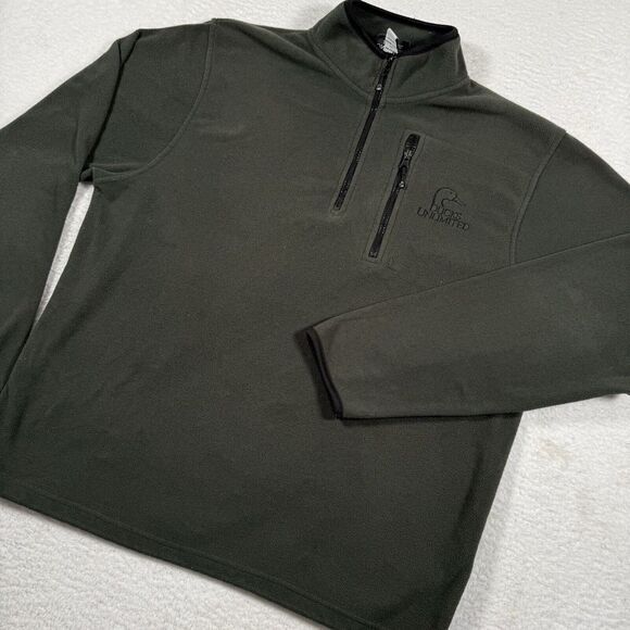 Ducks Unlimited Sweatshirt Men Large Green 1/4 Zip Pocket Fleece Pullover Jacket - Picture 1 of 9